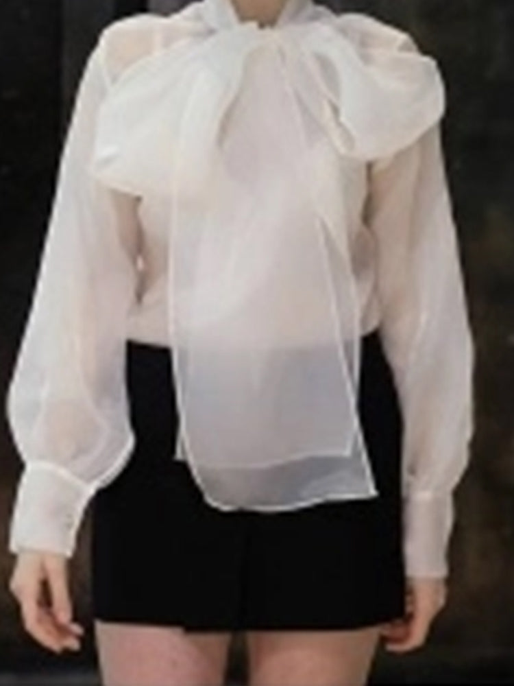 Fashion Translucent Solid Color Bow Tie Blouse