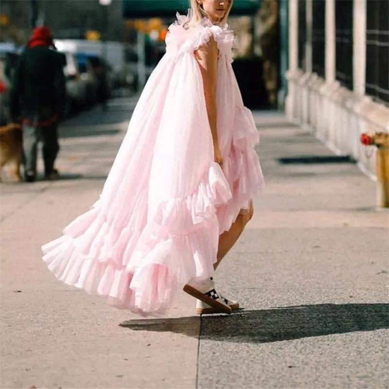 Sweet Hanging Neck Collar Ruffled Short-Sleeved Dresses