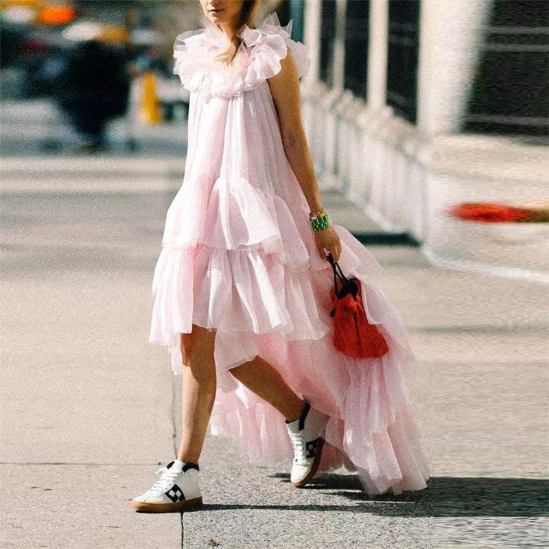 Sweet Hanging Neck Collar Ruffled Short-Sleeved Dresses