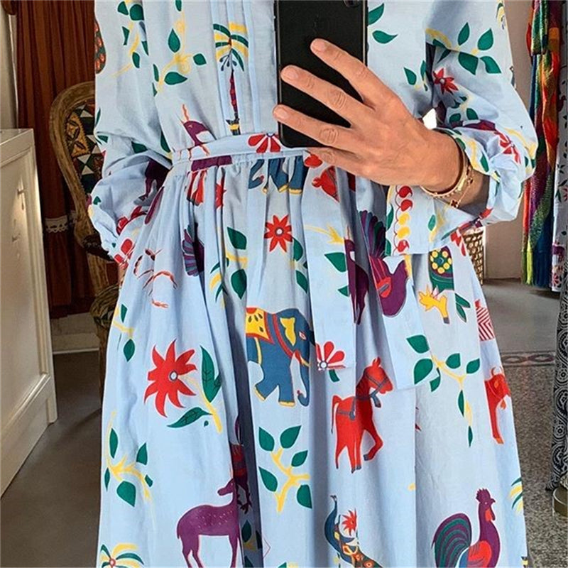 Women's Cartoon Print Lapel Long Sleeve Dress