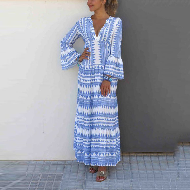 Women's V-Neck Long Sleeve Print Dress