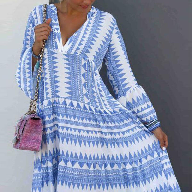 Fashion V-Neck long sleeves Striped Print Dress