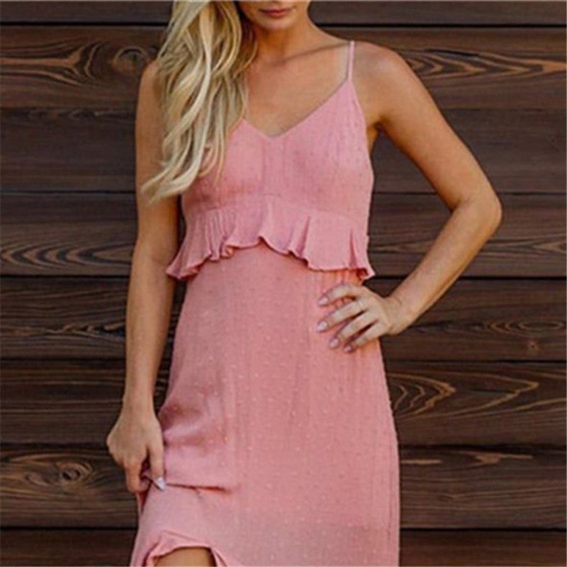 Sexy Sling Solid Color Ruffled sleeveless Dresses