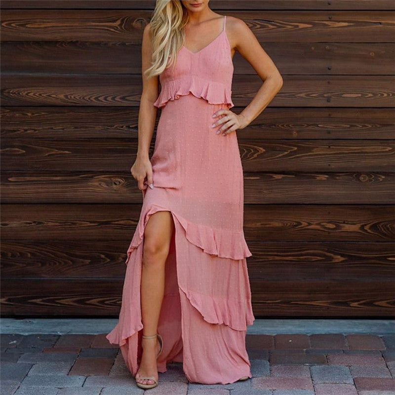 Sexy Sling Solid Color Ruffled sleeveless Dresses