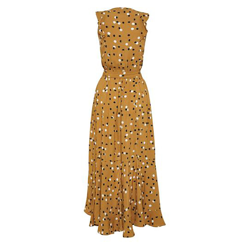 Women's Fashion Polka Dot Ruffled V Neck sleeveless High-Waist Dress