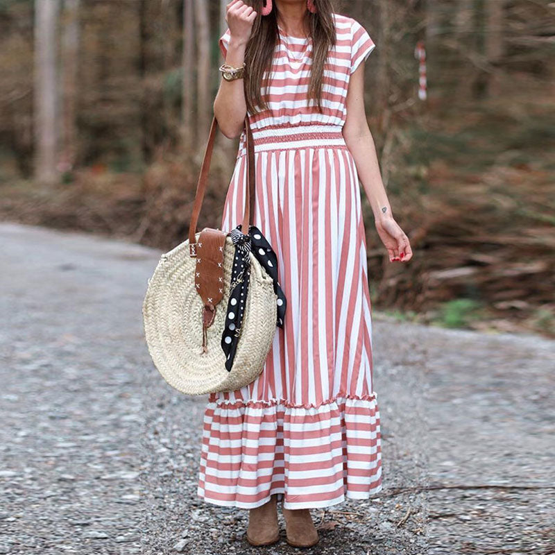 Casual Round Neck short sleeves Striped Stitching Dress