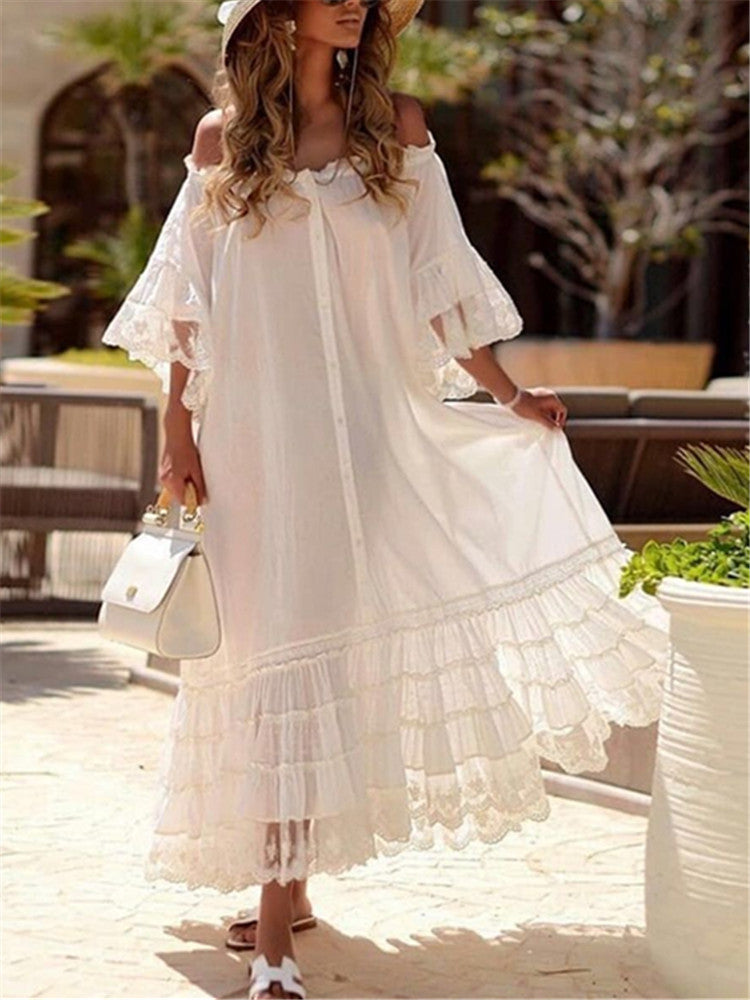 Off-The-Shoulder long sleeves Lace Splicing Loose Dress