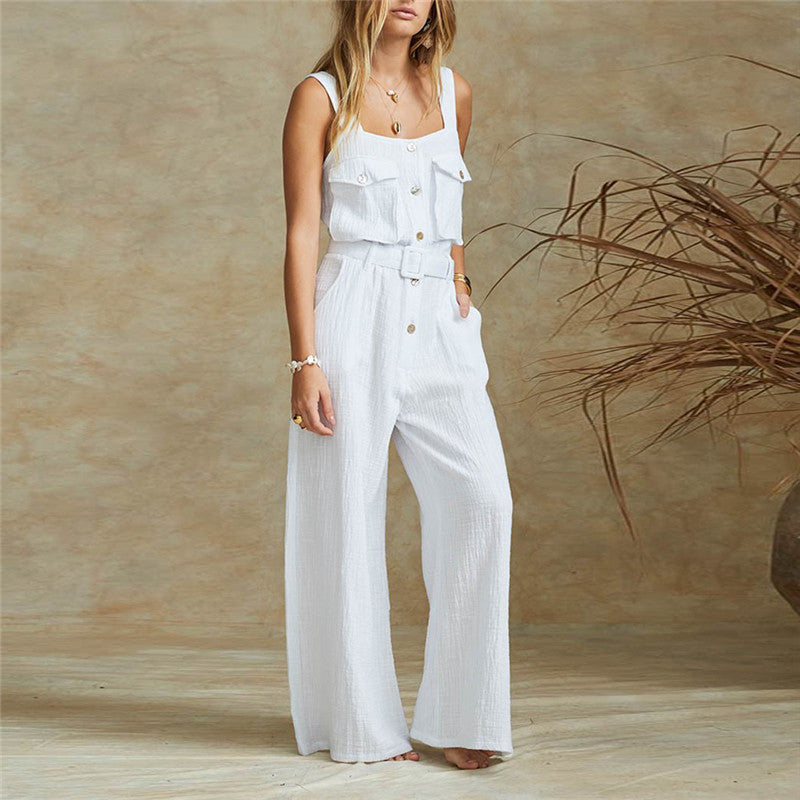 Casual Square Neck Pocket Loose Jumpsuits