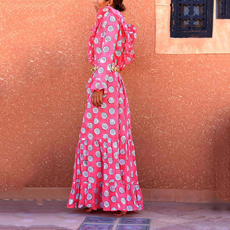 Women's Bohemian Petal long sleeves Ruffled Splicing Printed Color Dress