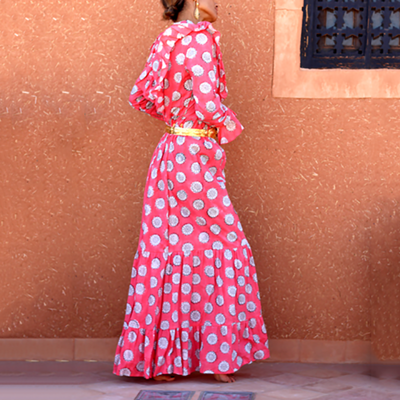Women's Bohemian Petal long sleeves Ruffled Splicing Printed Color Dress
