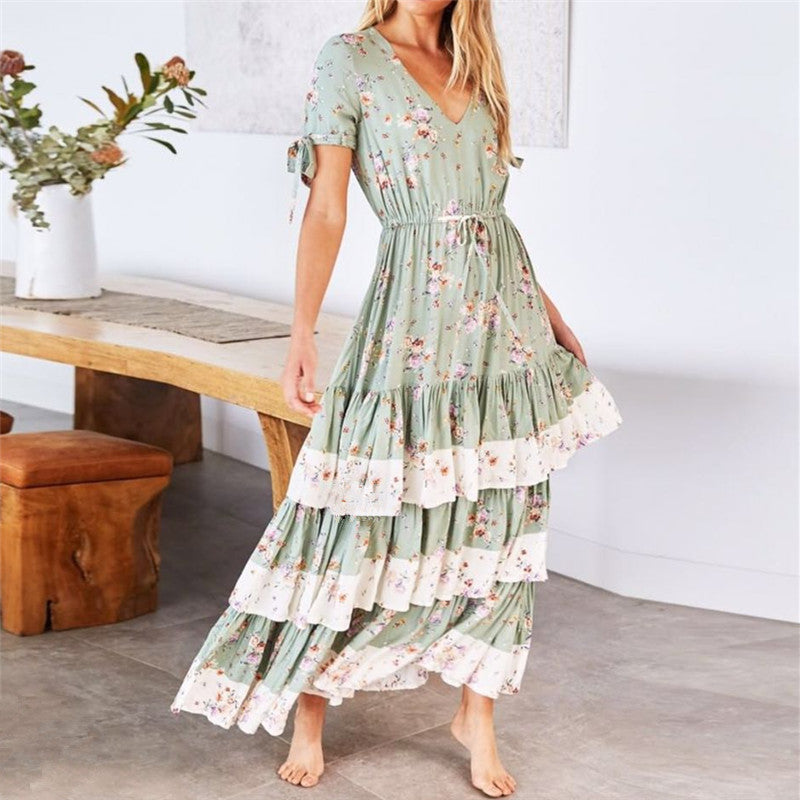 V-Neck short sleeves Splicing Ruffle Floral Print Dress