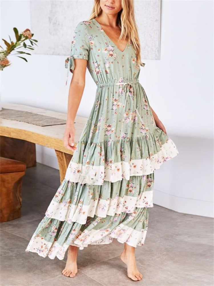 V-Neck short sleeves Splicing Ruffle Floral Print Dress