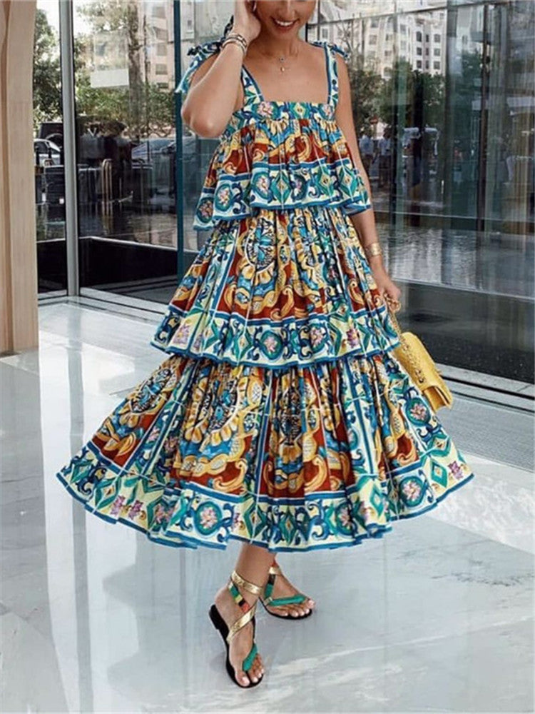 Ethnic Style Printed Cascaded Slip sleeveless Dress