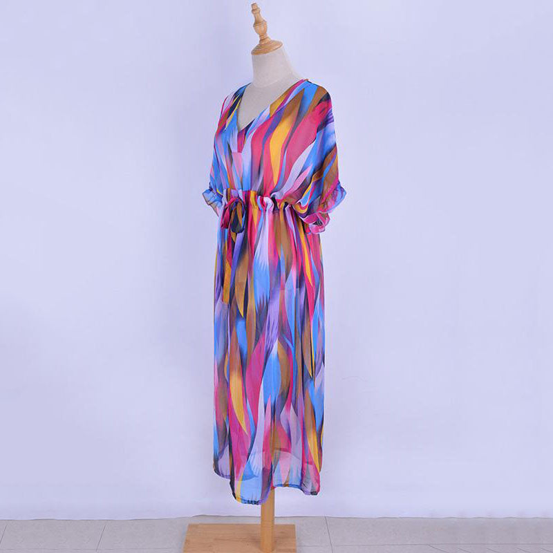 Maternity Casual V Neck Short Sleeve Rainbow Color Dress
