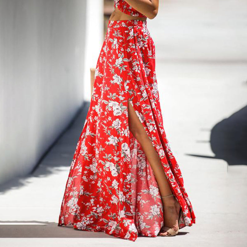 Women's short sleeves Print Red Skirt Set