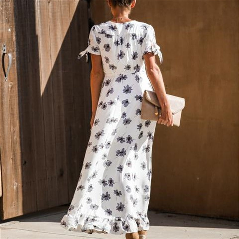 Women's Flower Print V-Neck short sleeves Dress