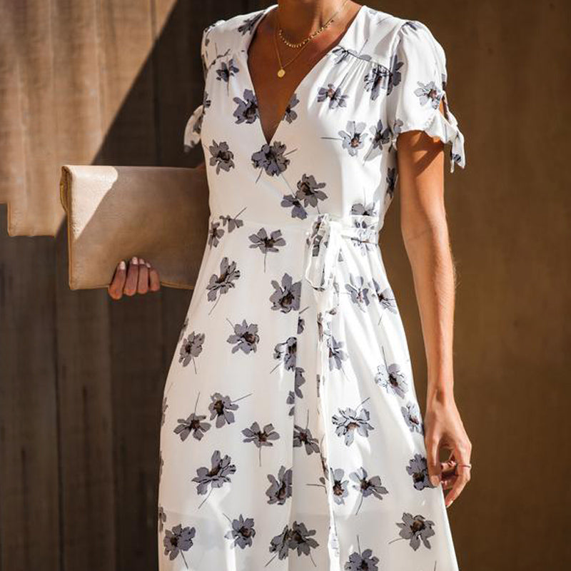 Women's Flower Print V-Neck short sleeves Dress