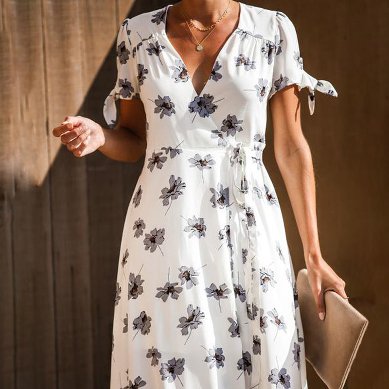 Women's Flower Print V-Neck short sleeves Dress