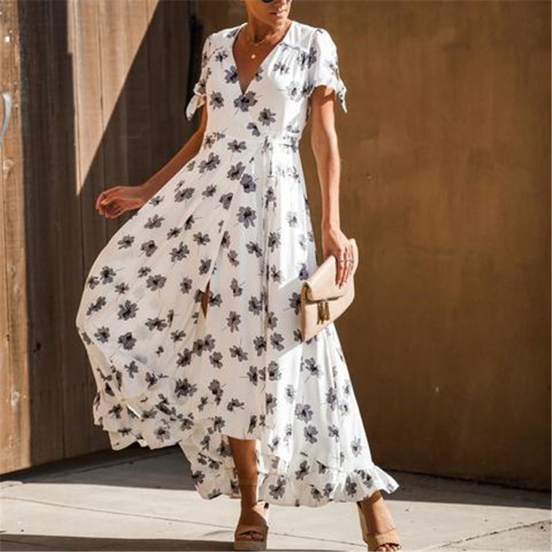 Women's Flower Print V-Neck short sleeves Dress