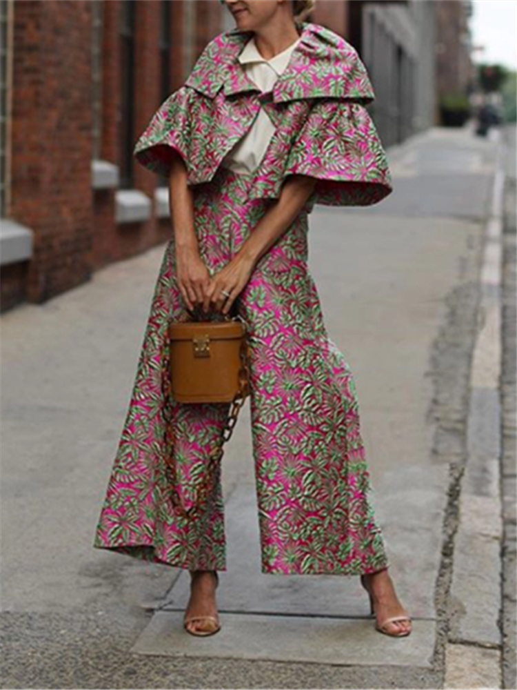 Fashion Printed Trumpet Sleeve Top Wide Leg Pants Suits