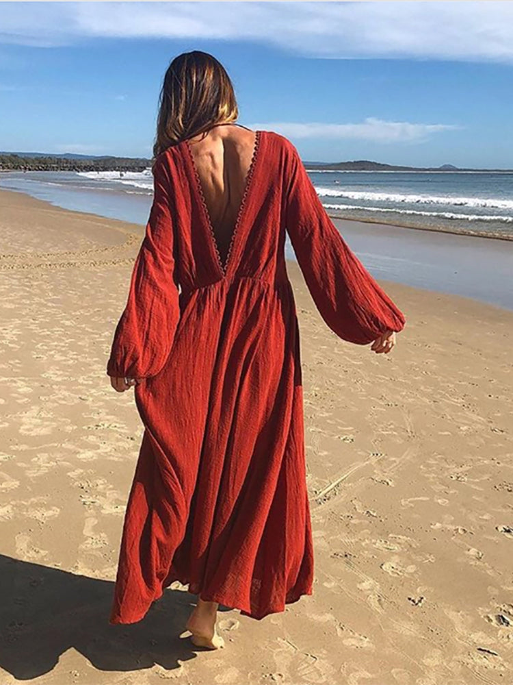 Women's Halter Lantern long sleeves Solid Color Dress