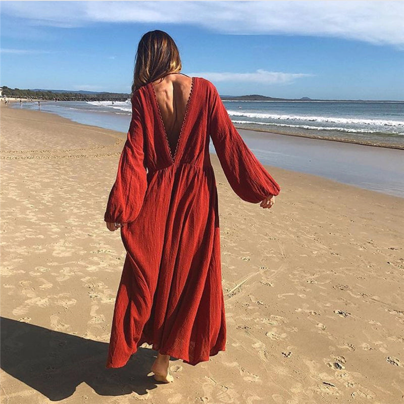 Women's Halter Lantern long sleeves Solid Color Dress