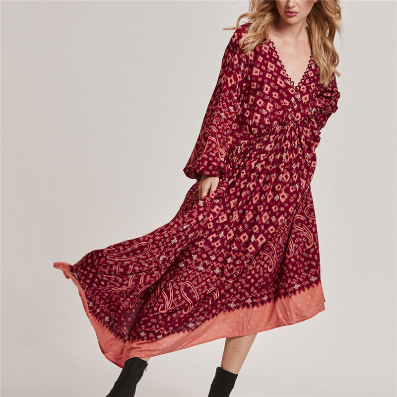 Women's V-Neck long sleeves Open Back Print Dress