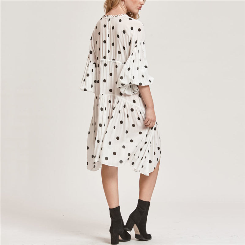 Women's V-Neck long sleeves Lantern Sleeve Polka Dot Dress