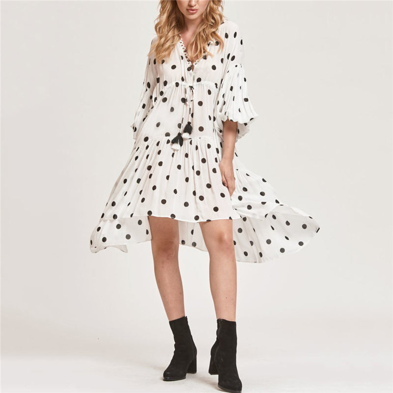 Women's V-Neck long sleeves Lantern Sleeve Polka Dot Dress