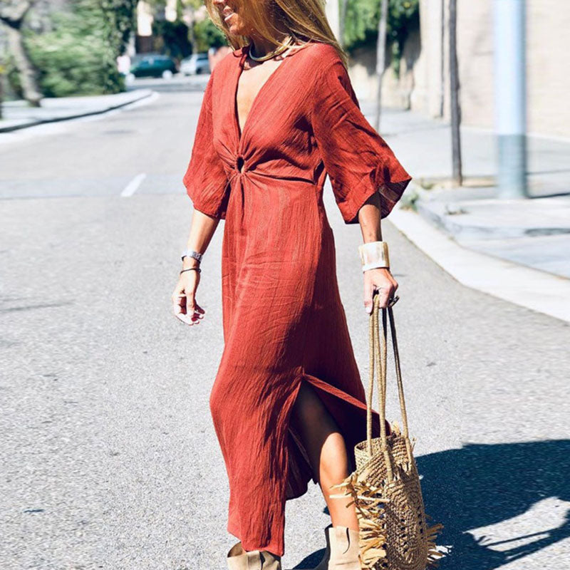 Commuting V Neck Bell long sleeves Pure Colour Splicing Side Slit Dress