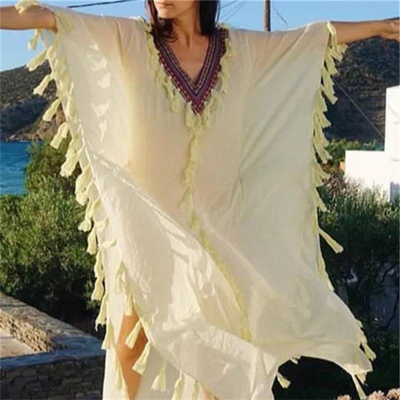Bohemian V-Neck Tassel Cloak short sleeves Stitching Dresses