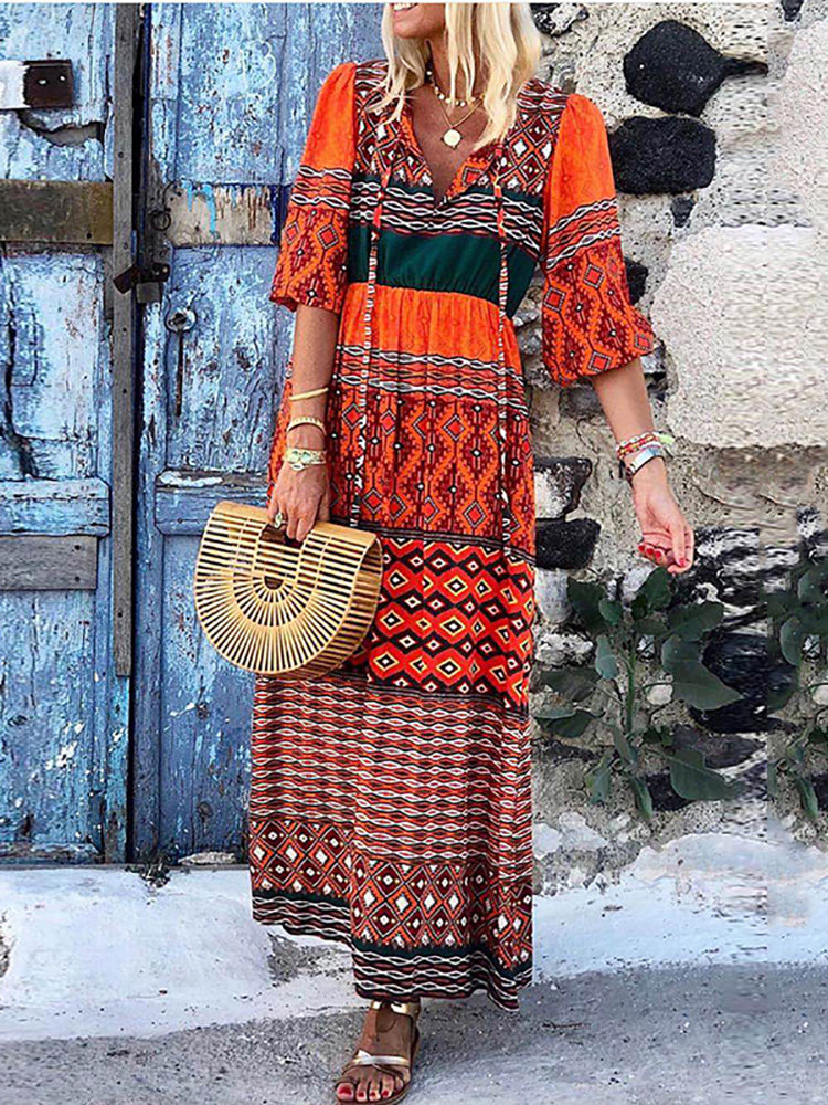 Women's Bohemian Printed V-Neck Dress