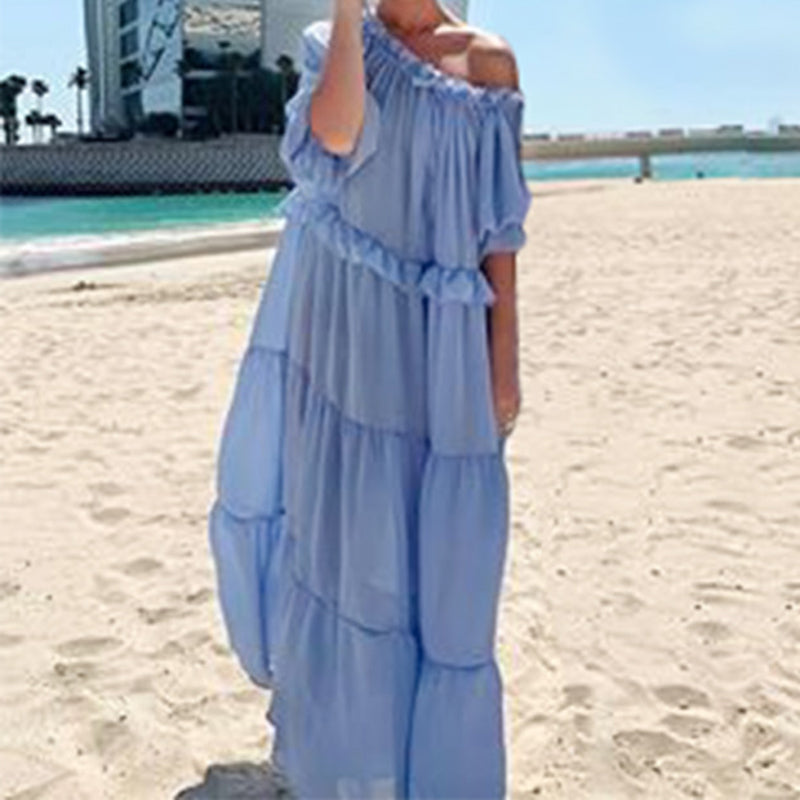 Beach Casual short sleeves Single Off Shoulder Collar Stitching Ruffled Dress