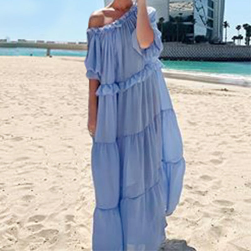 Beach Casual short sleeves Single Off Shoulder Collar Stitching Ruffled Dress