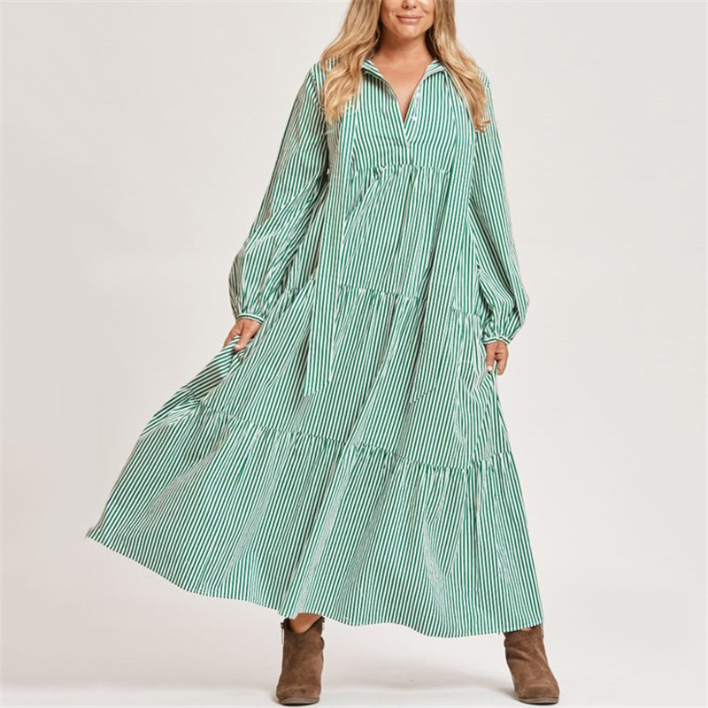 Women's Striped Lantern long sleeves Long Dress