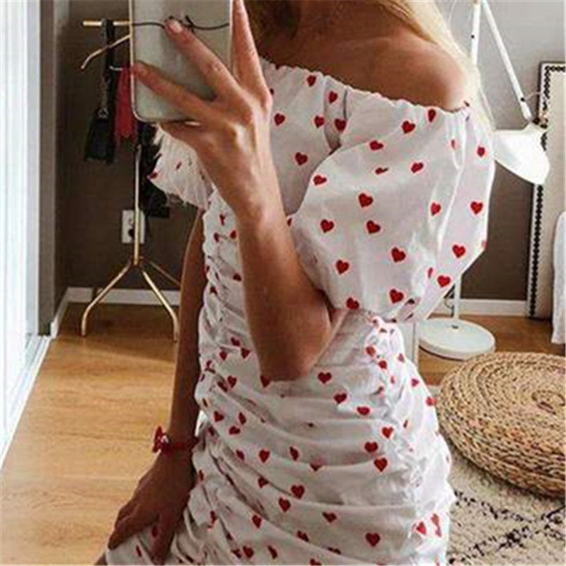 Printed Off Shoulder Puff Sleeve Pleated short sleeve Bodycon Dress