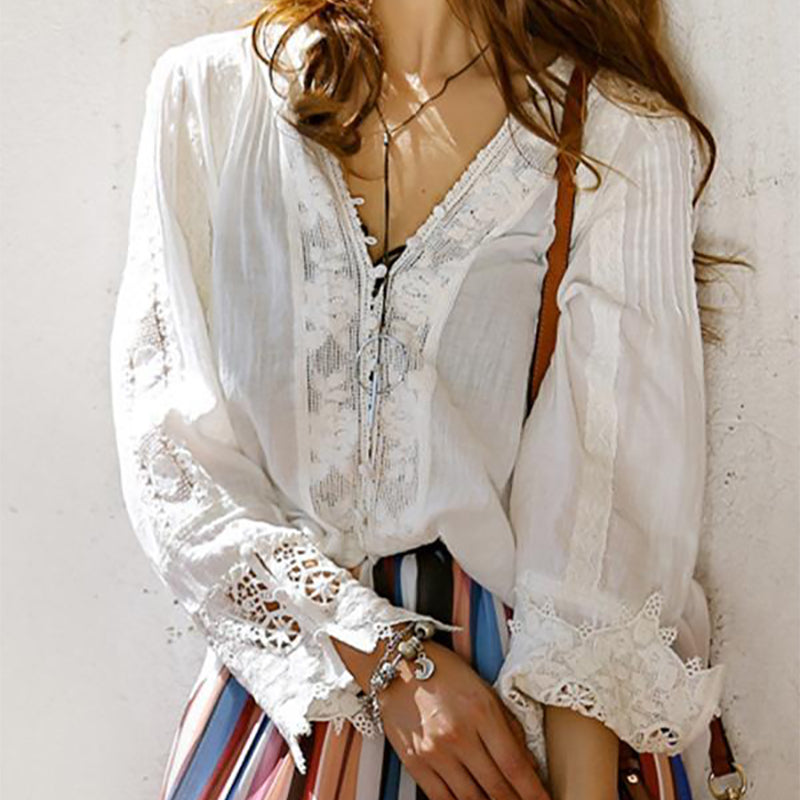 Bohemian Woman V Neck Pure Blouse