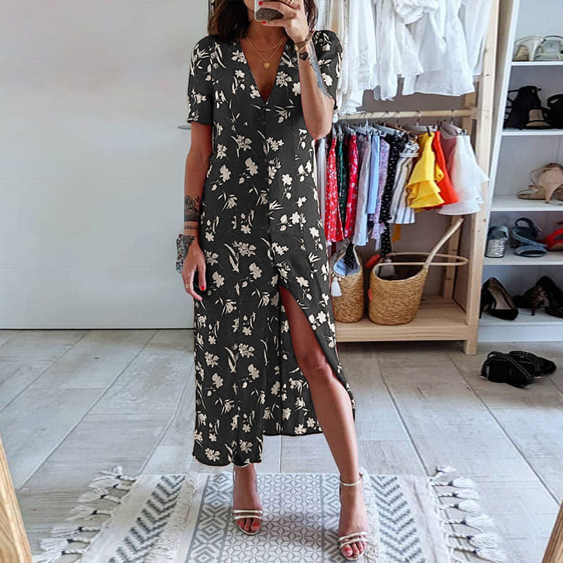 Fashion V-Neck short sleeves Split Print Dress