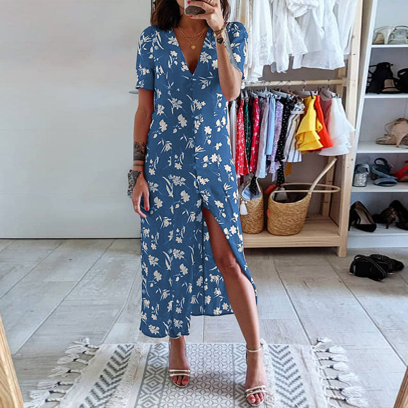 Fashion V-Neck short sleeves Split Print Dress