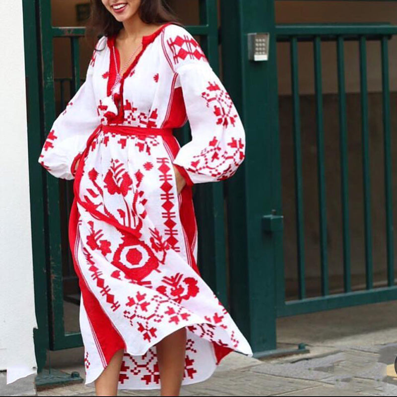 Women's Ethnic Print V-Neck long sleeves Tassel Dress