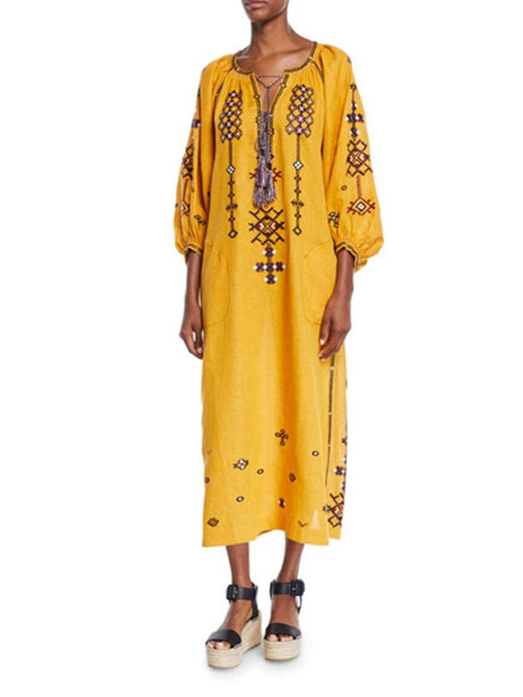 Fashion Ethnic Style Print Straight long sleeves Dress