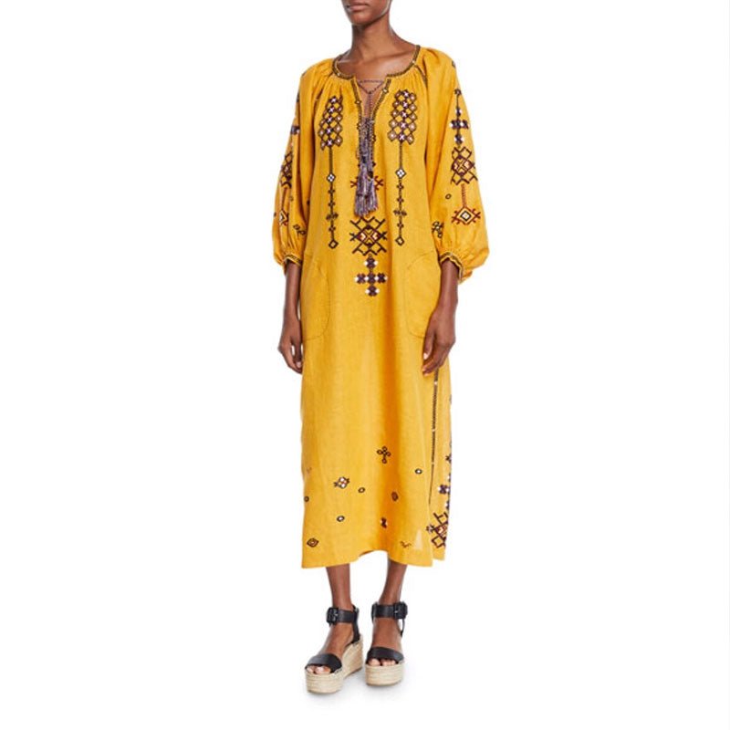Fashion Ethnic Style Print Straight long sleeves Dress