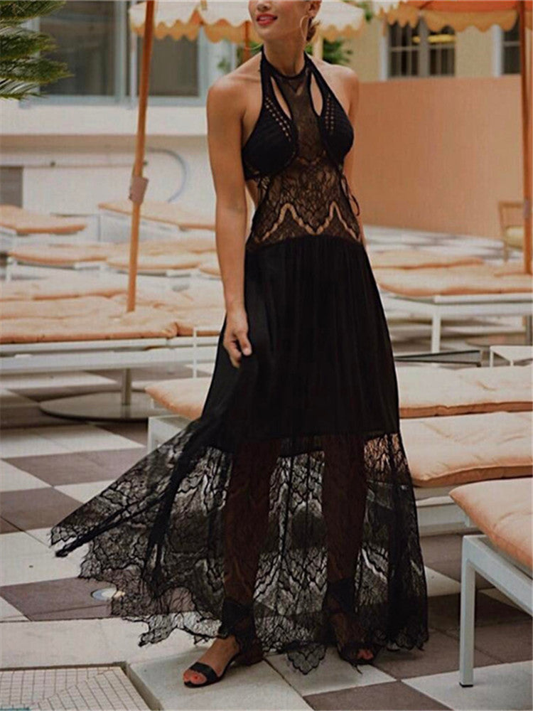 Sexy Halter Lace Splicing Hollow Maxi Dress