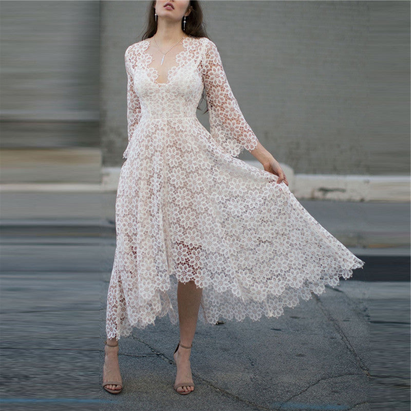 Fashion Deep V Flare long sleeves Lace Dresses