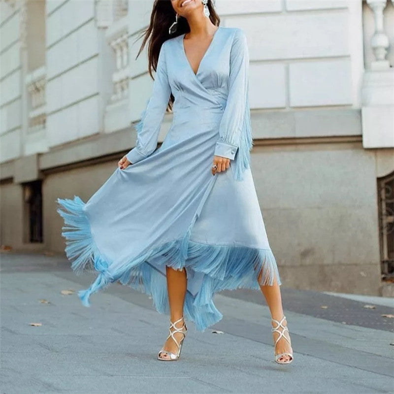 Fashion V-Neck Solid Color Long Sleeve Fringed Maxi Dress