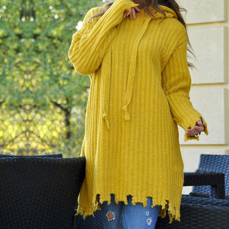Casual Long Hooded Solid Color Loose Sweater