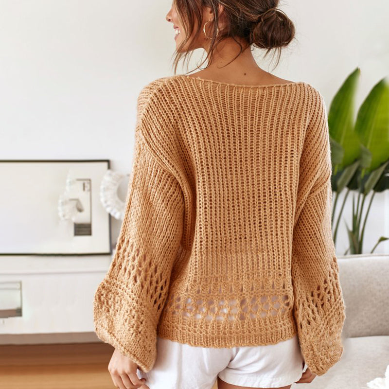 Casual Long Sleeve Hollow Out Plain Knitwear