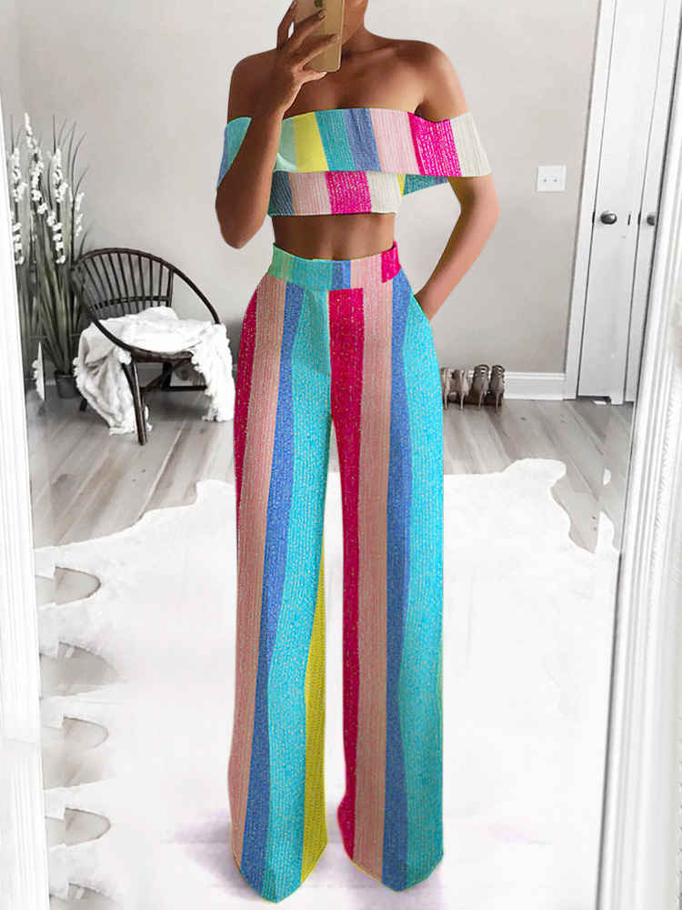 Women's Fashion Colorblock Striped Shoulder Set