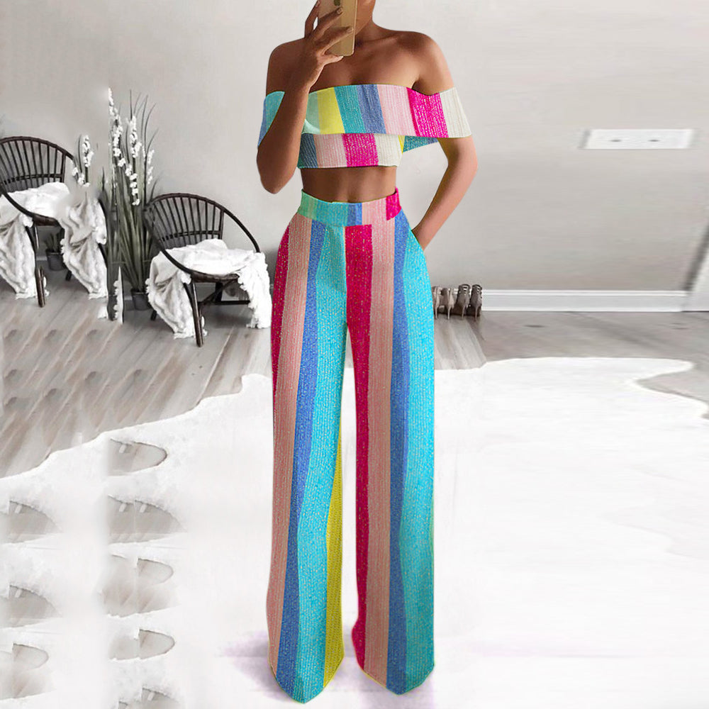Women's Fashion Colorblock Striped Shoulder Set