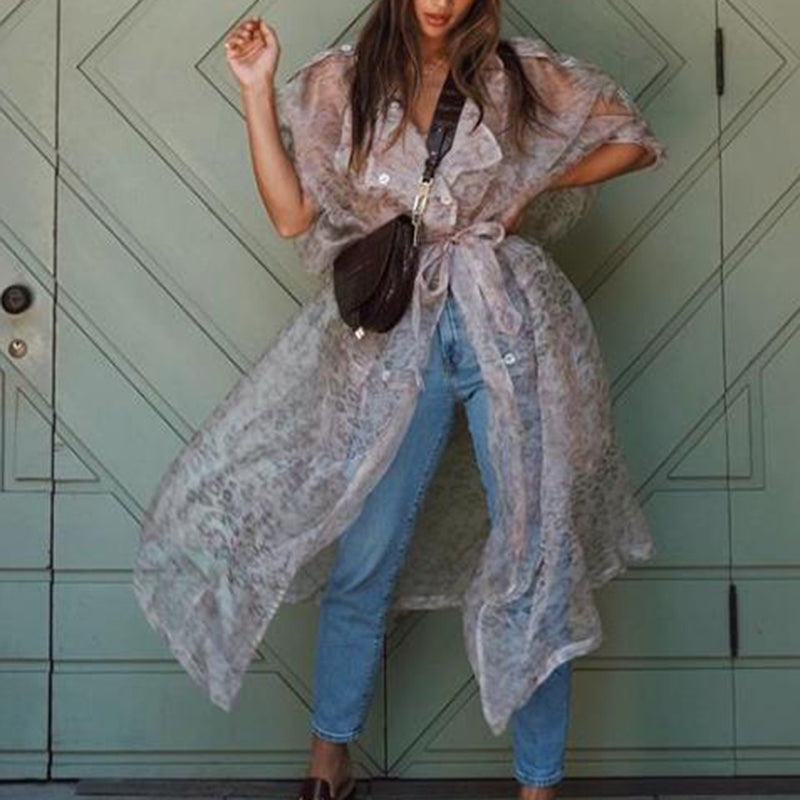 Fashion See-Through Leopard Print Belted Loose Long Shirt